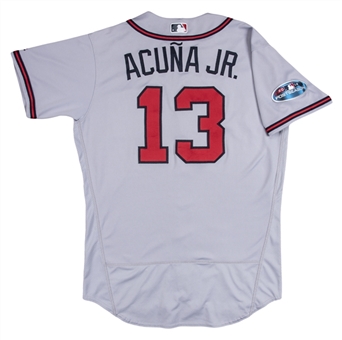 2018 Ronald Acuna Game Used Atlanta Braves Rookie Road Jersey Photo-Matched to 15 Games From May 12 Through October 5th - 4 HR & 8 RBI Incl 1st Career Post Season Hit (MLB Auth & Sports Investors) 